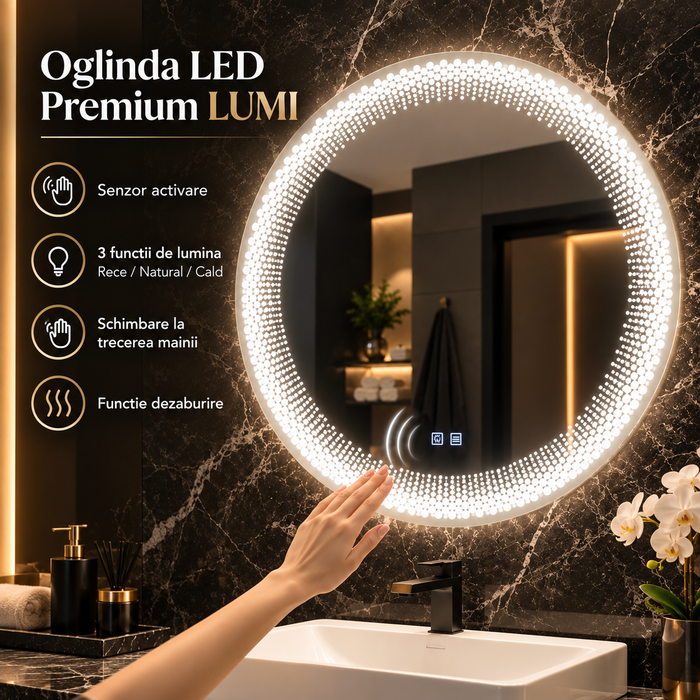 Oglinda LED Rotunda LUMI cu Senzor 3 Functii Dezaburire