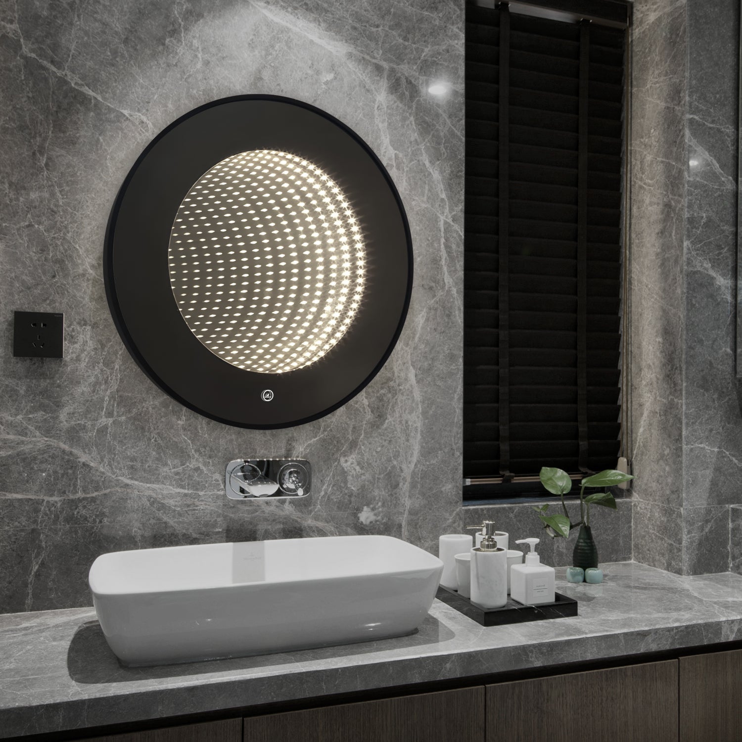 Oglinda LED Rotunda cu Rama Neagra 3D Infinity Mirror, 3 Lumini si Tou