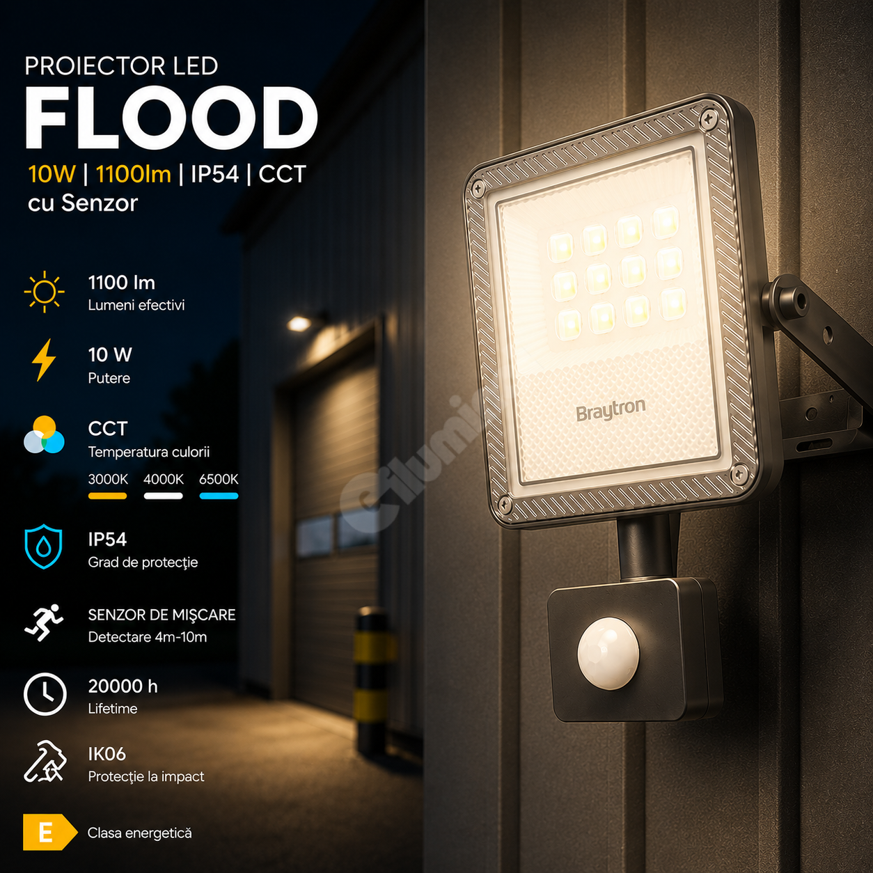 Proiector LED FLOOD Grey 10W IP54 1100lm cu Senzor CCT