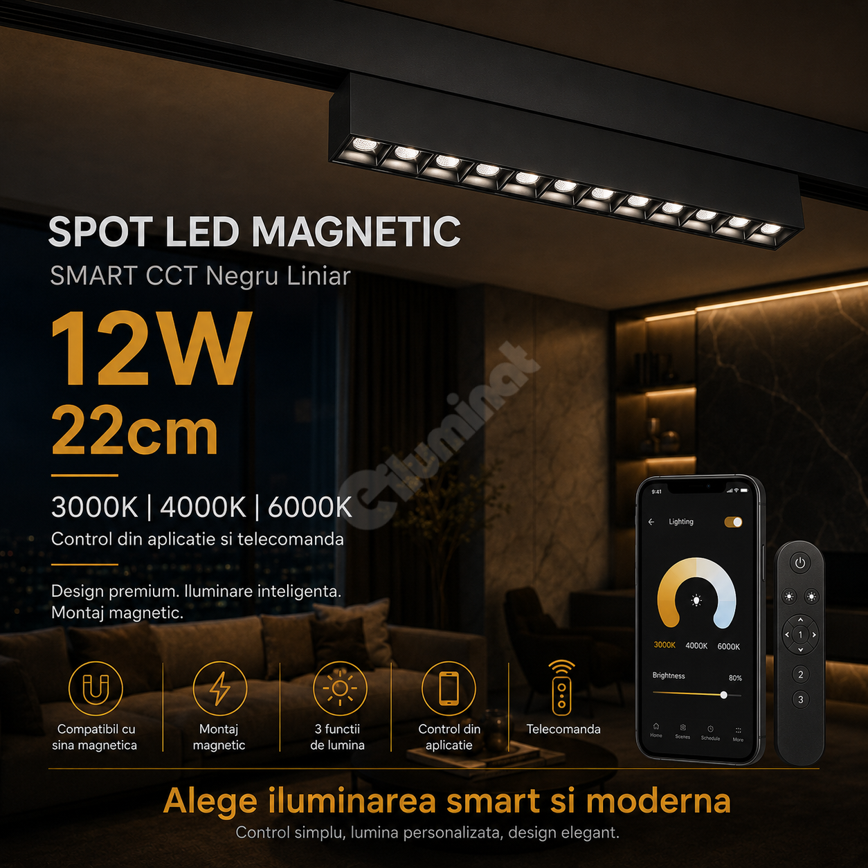 Spot LED 12W 22cm Magnetic Liniar SMART CCT Negru Telecomanda