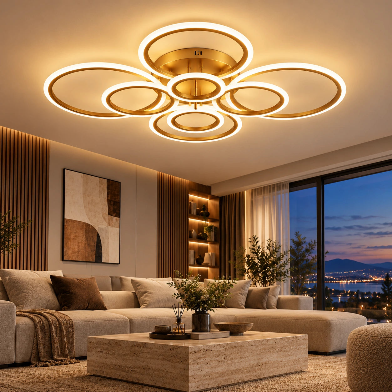 Circle Gold aplicată pe tavan, deasupra zonei de relaxare într-un living cu finisaje calde