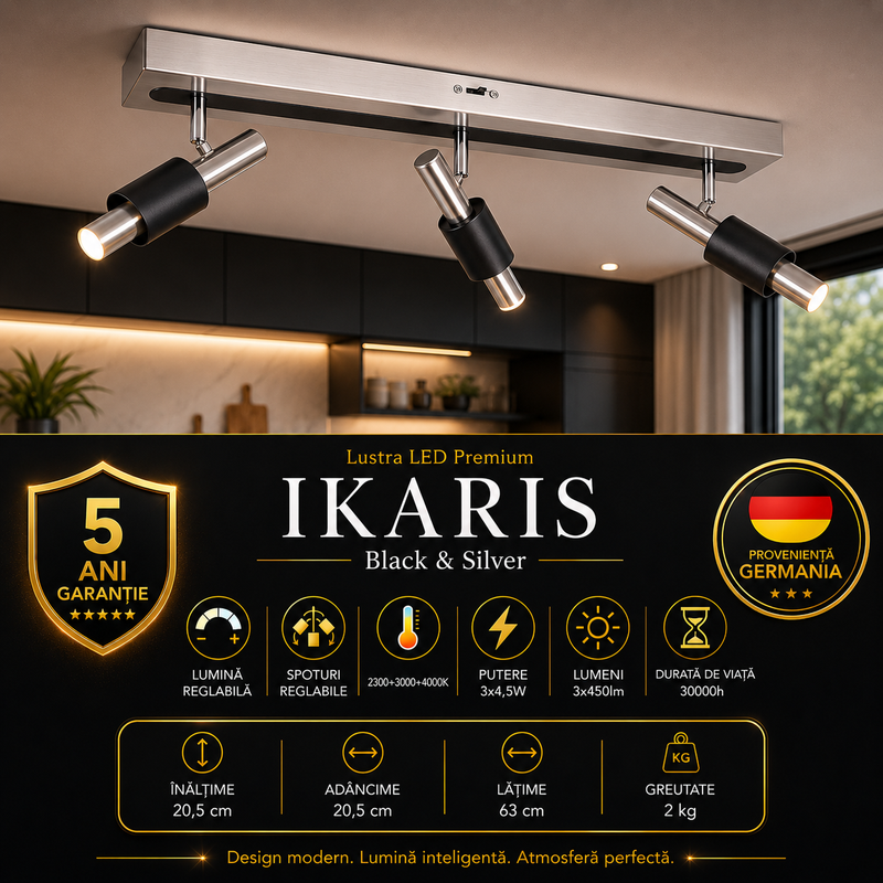 Lustra LED Premium IKARIS Black & Silver cu 3 Spoturi Reglabile