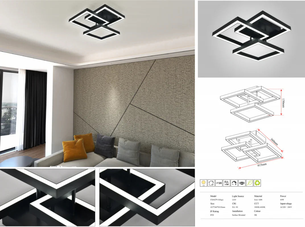 Lustra Led Modern 3 Square Black Echivalent 300W Telecomanda Lighting Fixtures