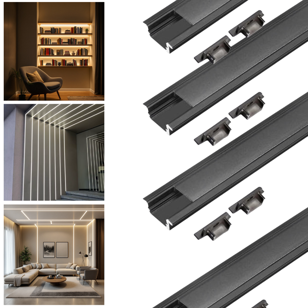 Profil LED Incastrat Negru 2 METRI cu Dispersor Negru LED Strips