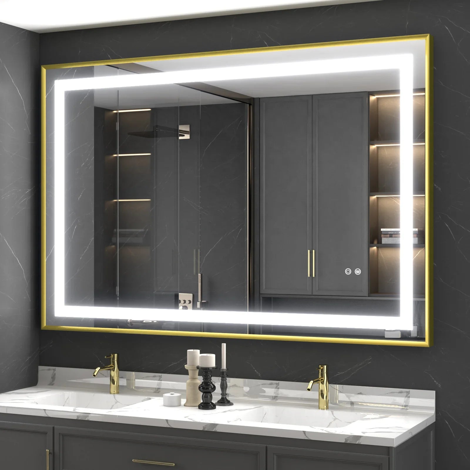 Oglinda Led 100X80Cm Cu Rama Aurie Functie Dezaburire Touch Si Ceas J44 Mirror