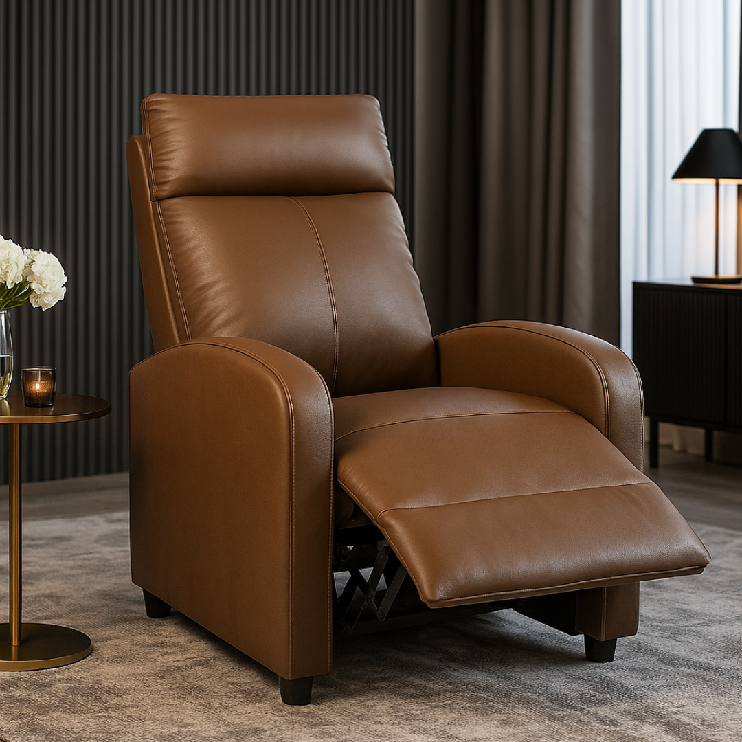 Fotoliu Recliner din Piele Ecologică Spatar Rabatabil si Suport Picioare Extensibil Kaki FOTOLIU CU RECLINER / Brown