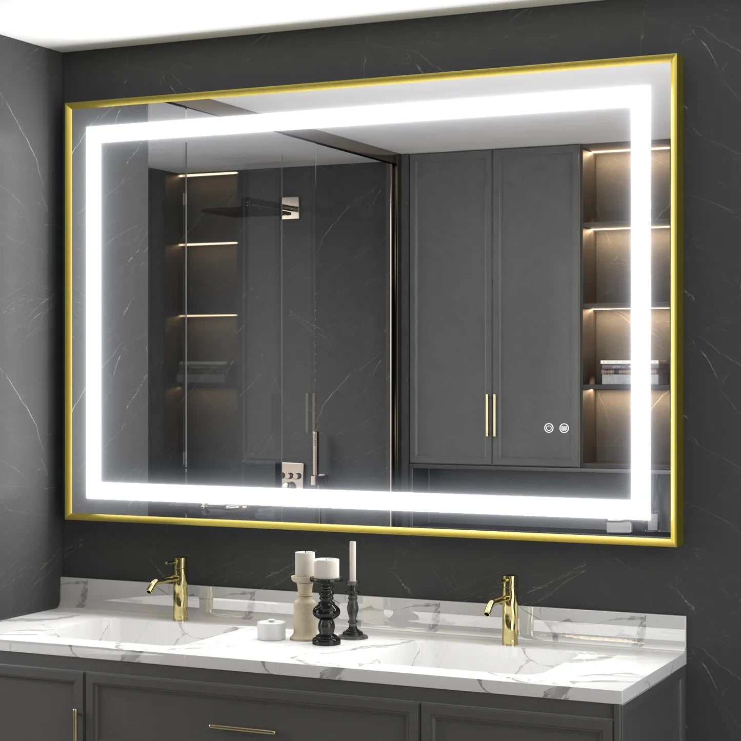 Oglinda Led 80X60Cm Cu Rama Aurie Functie Dezaburire Si Touch J07 Mirror