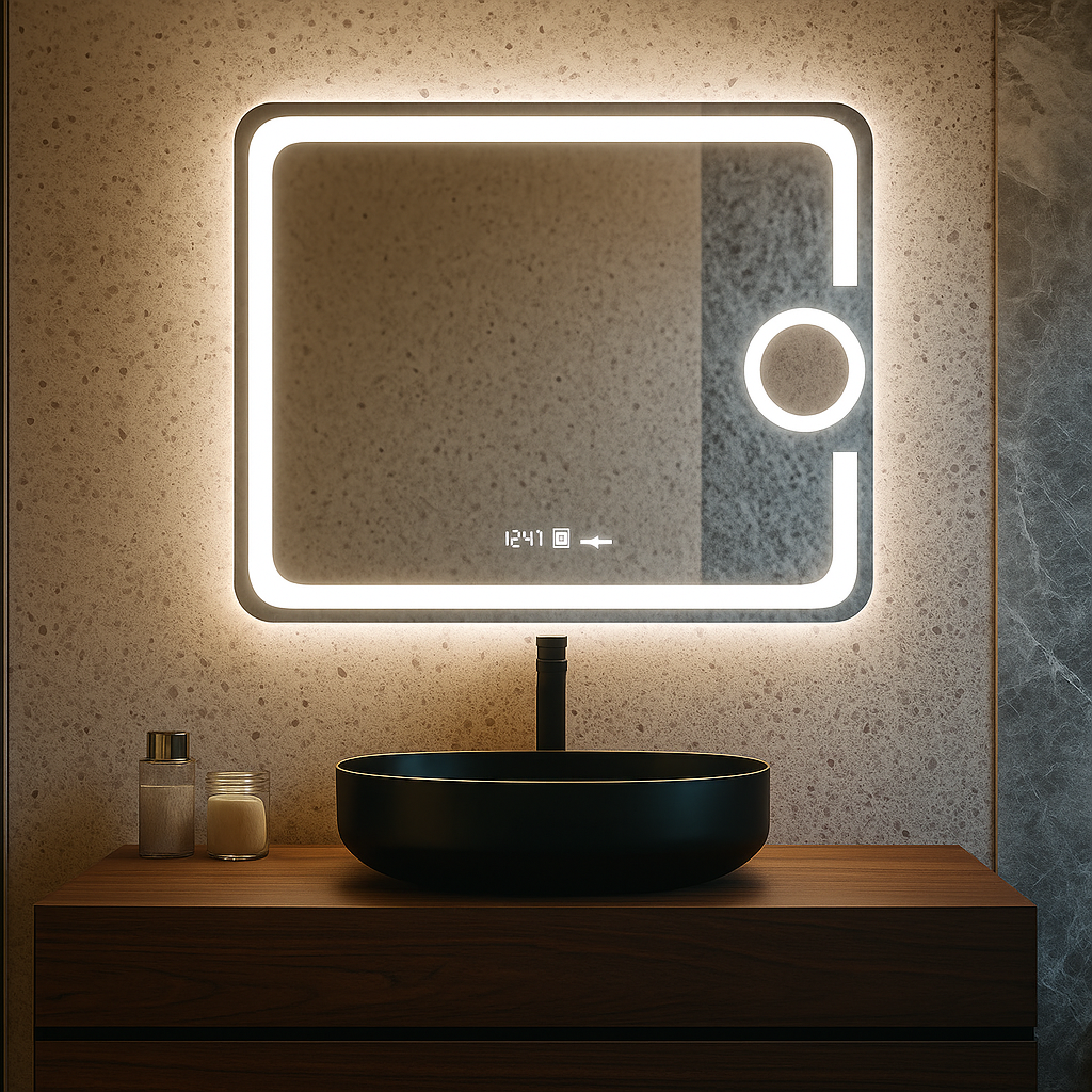 Oglinda LED 80x60cm SENZOR 3 Lumini Dezaburire Dimare Ceas si Termometru LED MIRROR