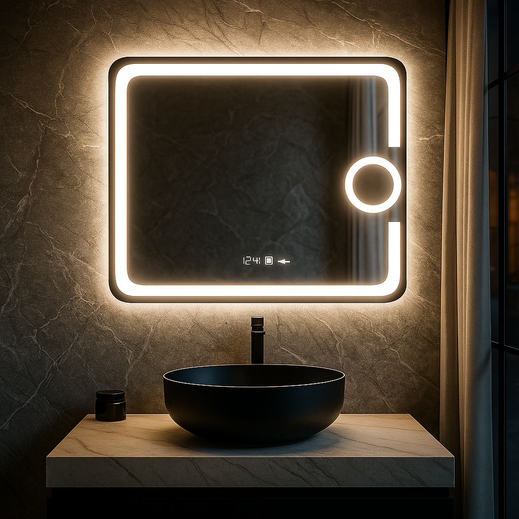 Oglinda LED 80x60cm SENZOR 3 Lumini Dezaburire Dimare Ceas si Termometru LED MIRROR