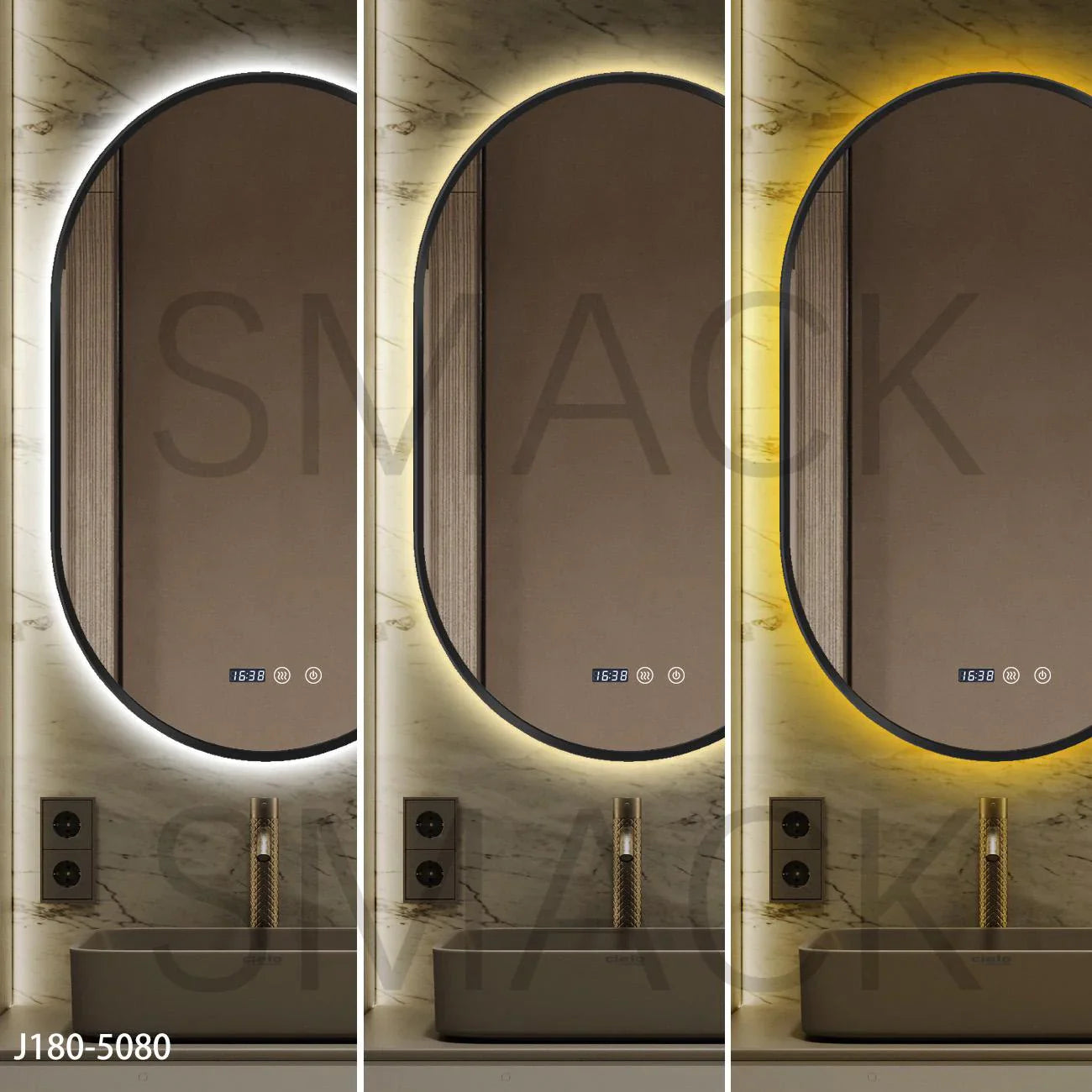 Oglinda LED Ovala 50x80cm Rama Neagra 3 Lumini Ceas Dezaburire si Touch J180 NEAGRA / 50X80CM LED MIRROR