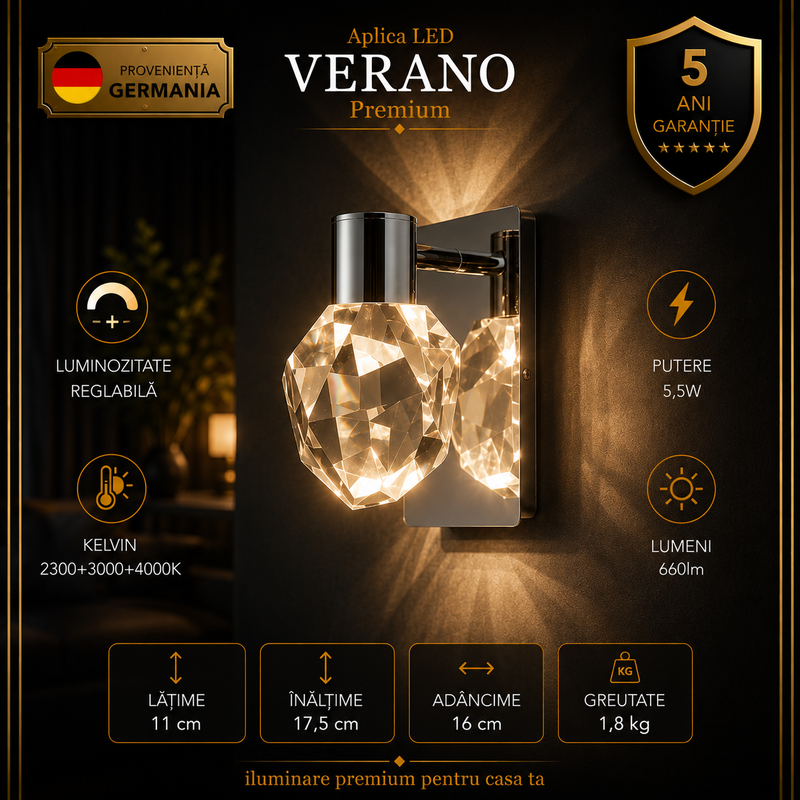 Aplica LED Premium VERANO Silver Crystal