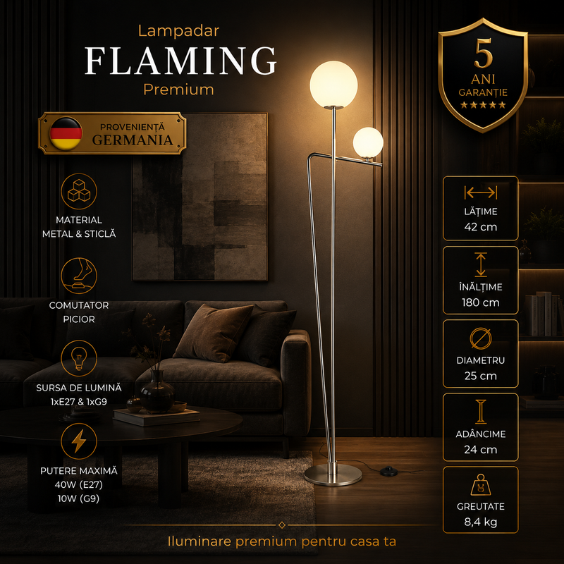 Lampadar Premium Flaming Silver 180CM | 1xE27 & 1xG9