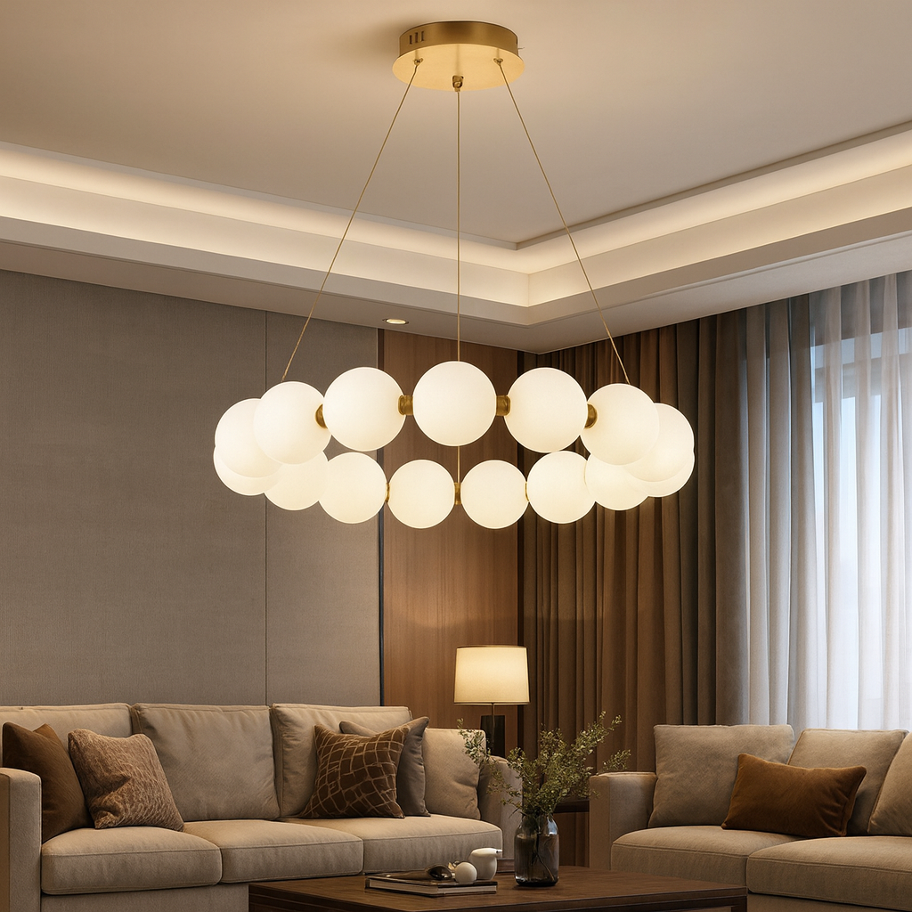 Lustra LED Suspendata Gold PEARL Echivalent 500W Telecomanda AURIE / ABAJUR Chandeliers