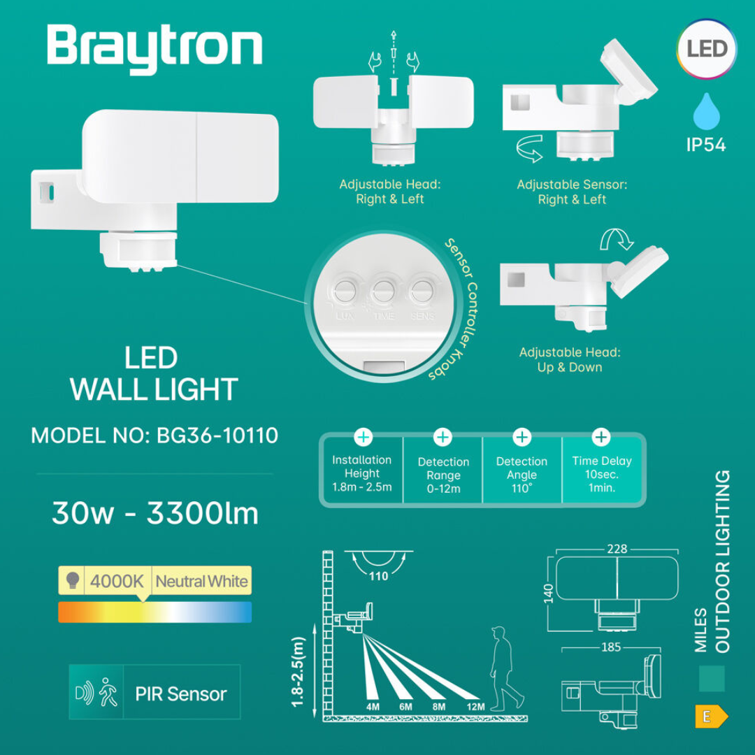 Aplica LED Exterior White 30W cu Senzor PIR ALBA Wall Light Fixtures