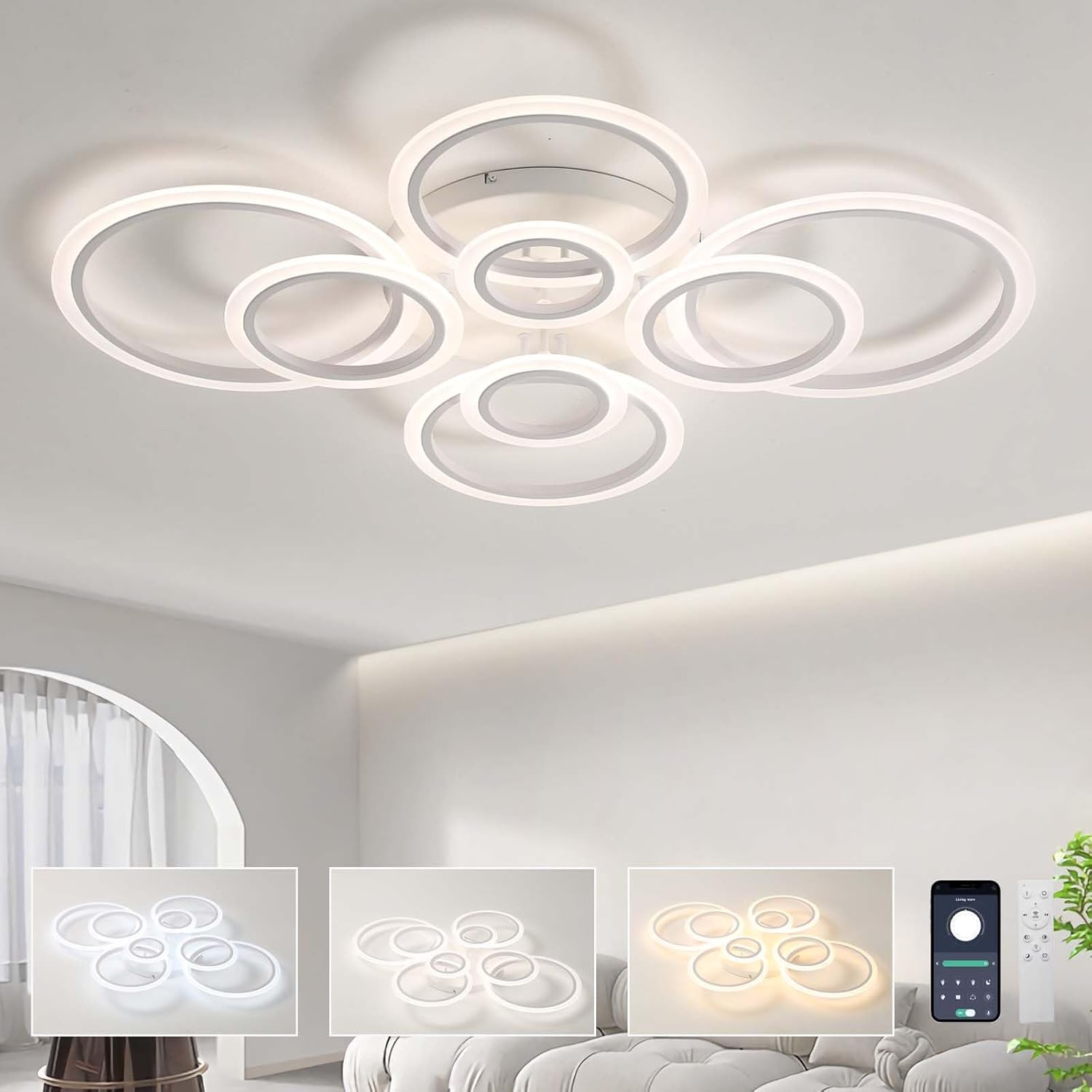 Lustra Led Circle 4 + 4 Gigant Design Alba Telecomanda Echivalent 1000W Lighting Fixtures