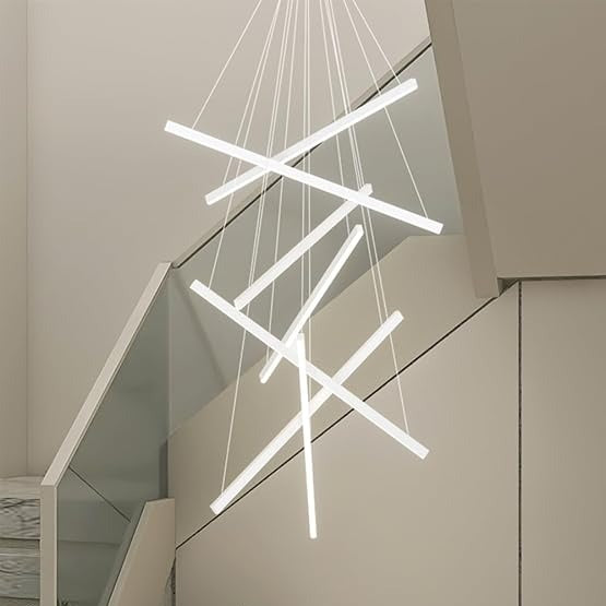 Lustra LED 7 Geometric WHITE Lines Suspendata Echivalent 800W 200CM ALBA / 200CM / SUSPENDATE Lighting Fixtures