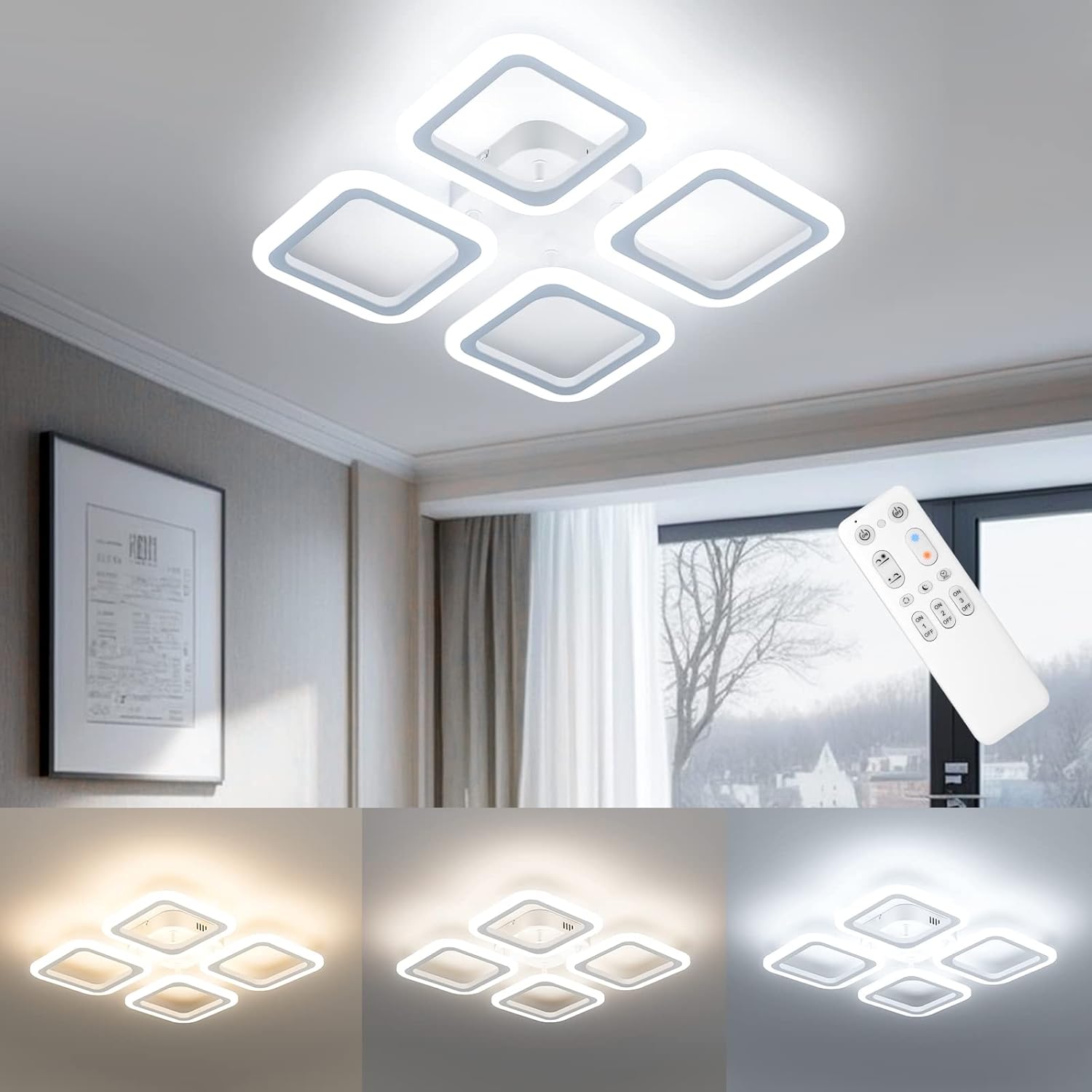 Lustra Led 4 Squares Alb Echivalent 250W Telecomanda Lighting Fixtures