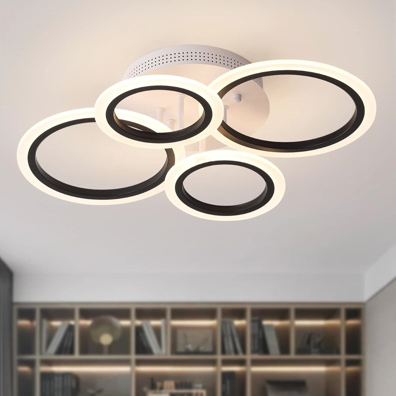 Lustra Led 4 Circle Smart Alb + Negru Echivalent 400W Telecomanda Lighting Fixtures