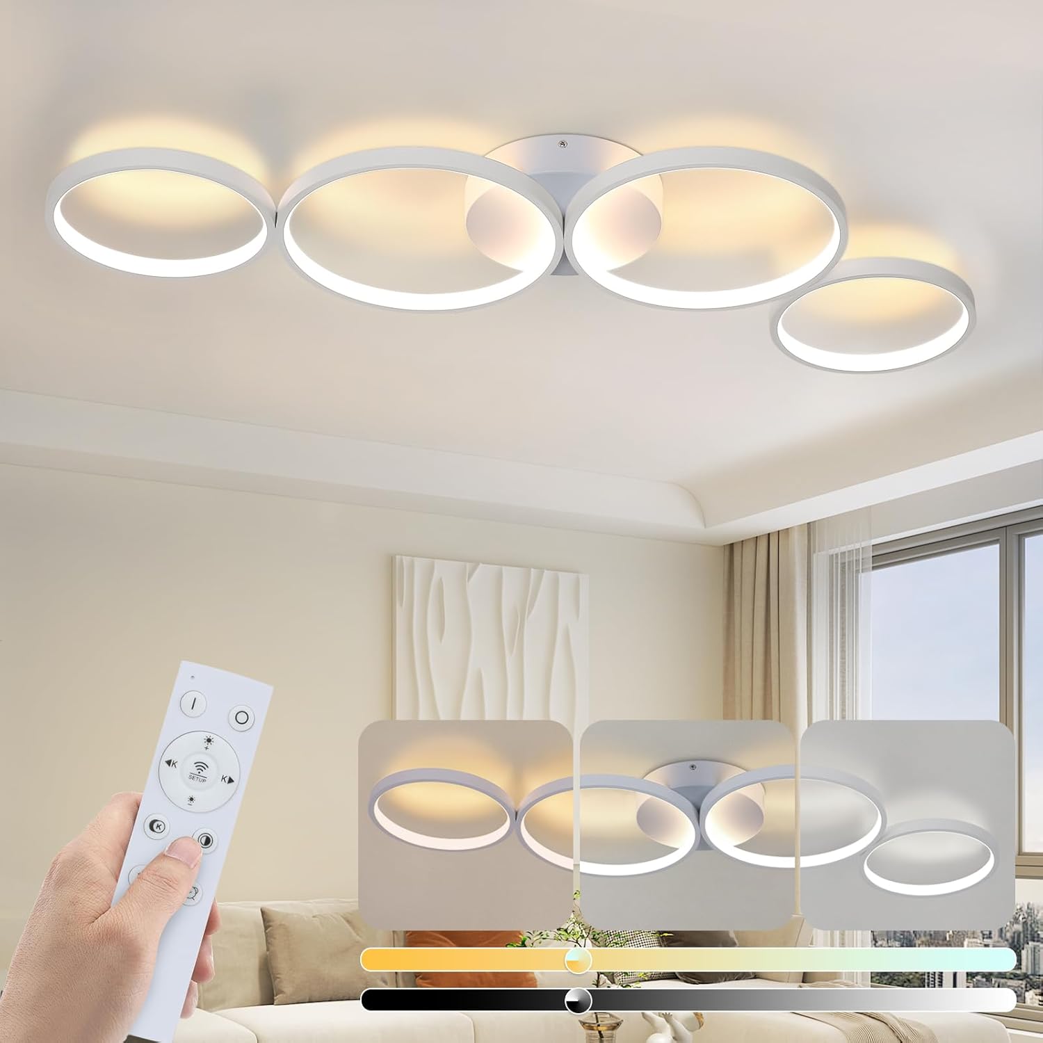 Lustra LED Modern White 4 Rings Echivalent 600W Telecomanda ALBA / 88CM / CIRCLE DESIGN Lighting Fixtures