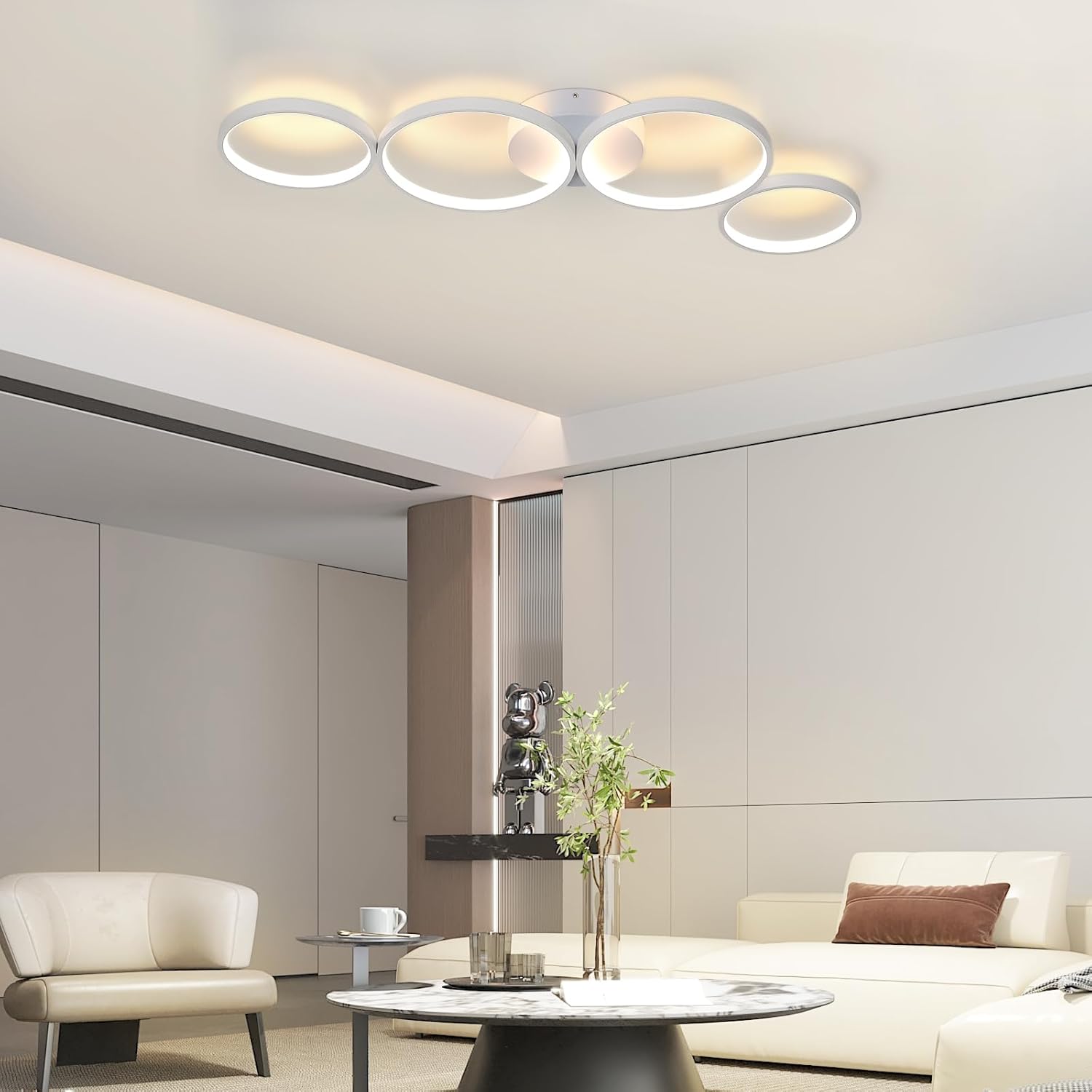 Lustra LED Modern White 4 Rings Echivalent 600W Telecomanda ALBA / 88CM / CIRCLE DESIGN Lighting Fixtures
