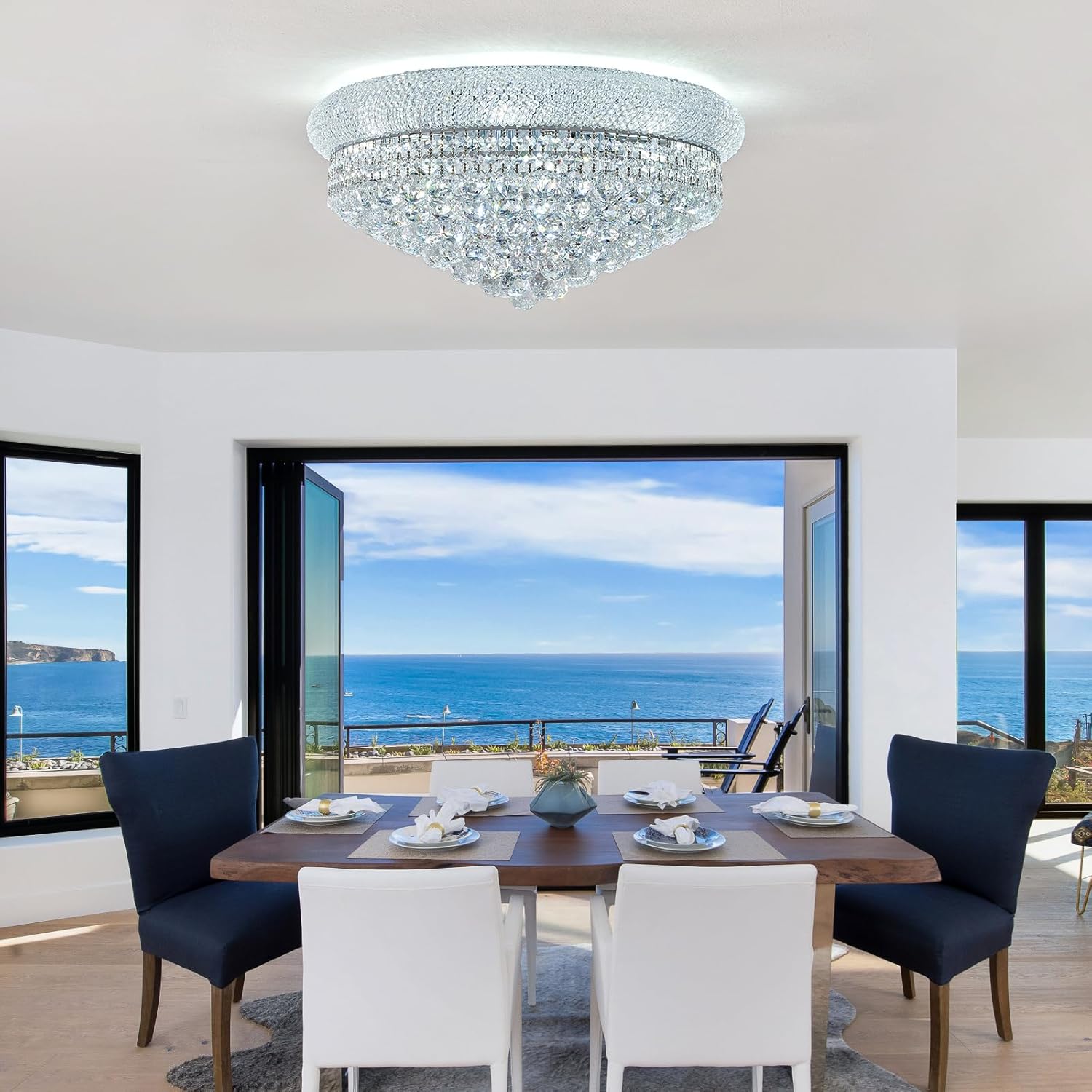 Lustra LED Aplicata Crystal Dome Silver Telecomanda si Lumini RGB Chandeliers