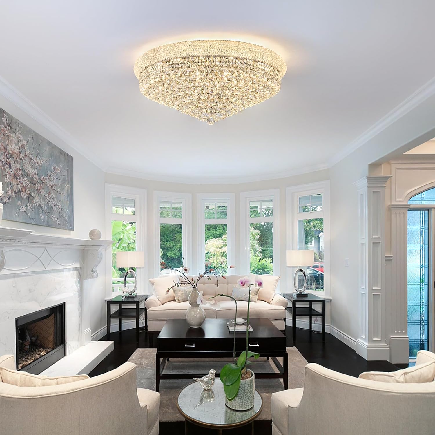 Lustra LED Aplicata Crystal Dome Silver Telecomanda si Lumini RGB Chandeliers