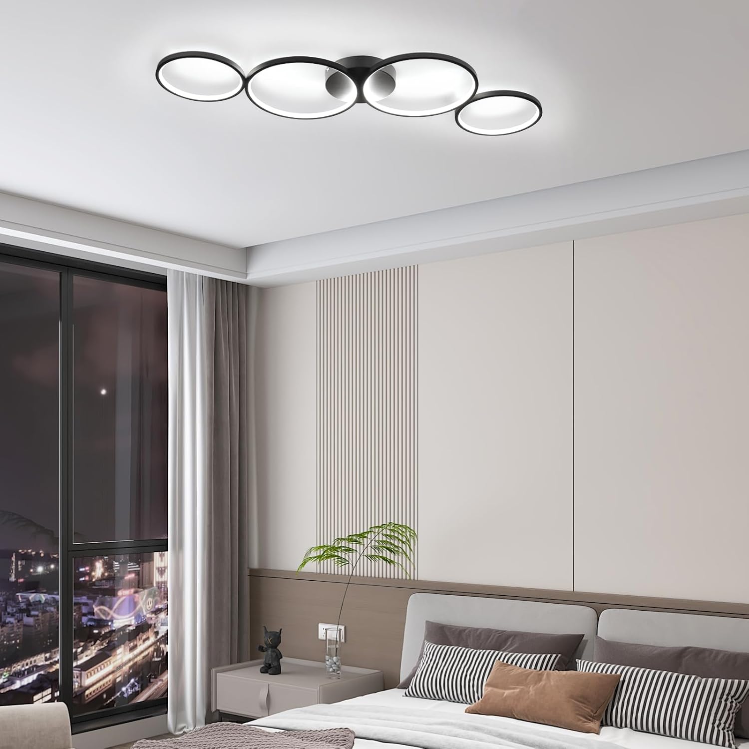 Lustra LED Modern Black 4 Rings Echivalent 600W Telecomanda NEAGRA / 88CM / MINIMALIST DESIGN Lighting Fixtures