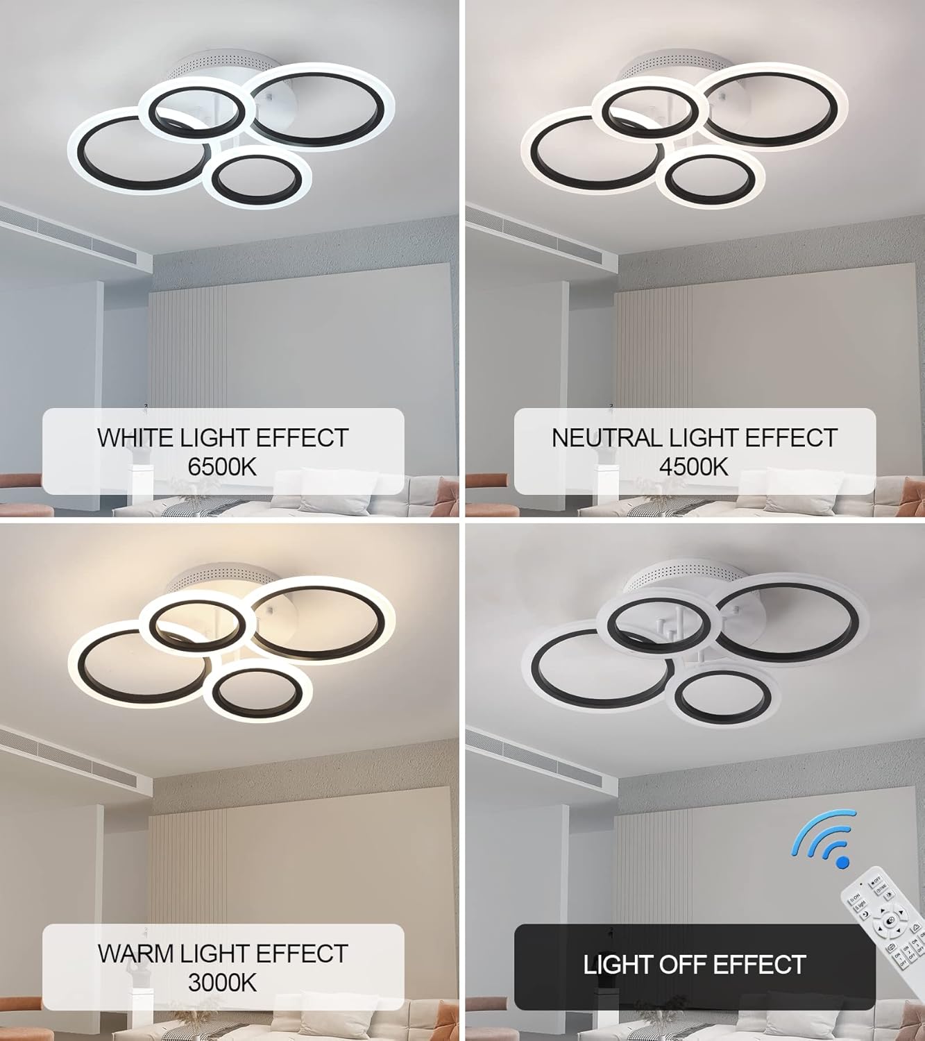 Lustra Led 4 Circle Smart Alb + Negru Echivalent 400W Telecomanda Lighting Fixtures