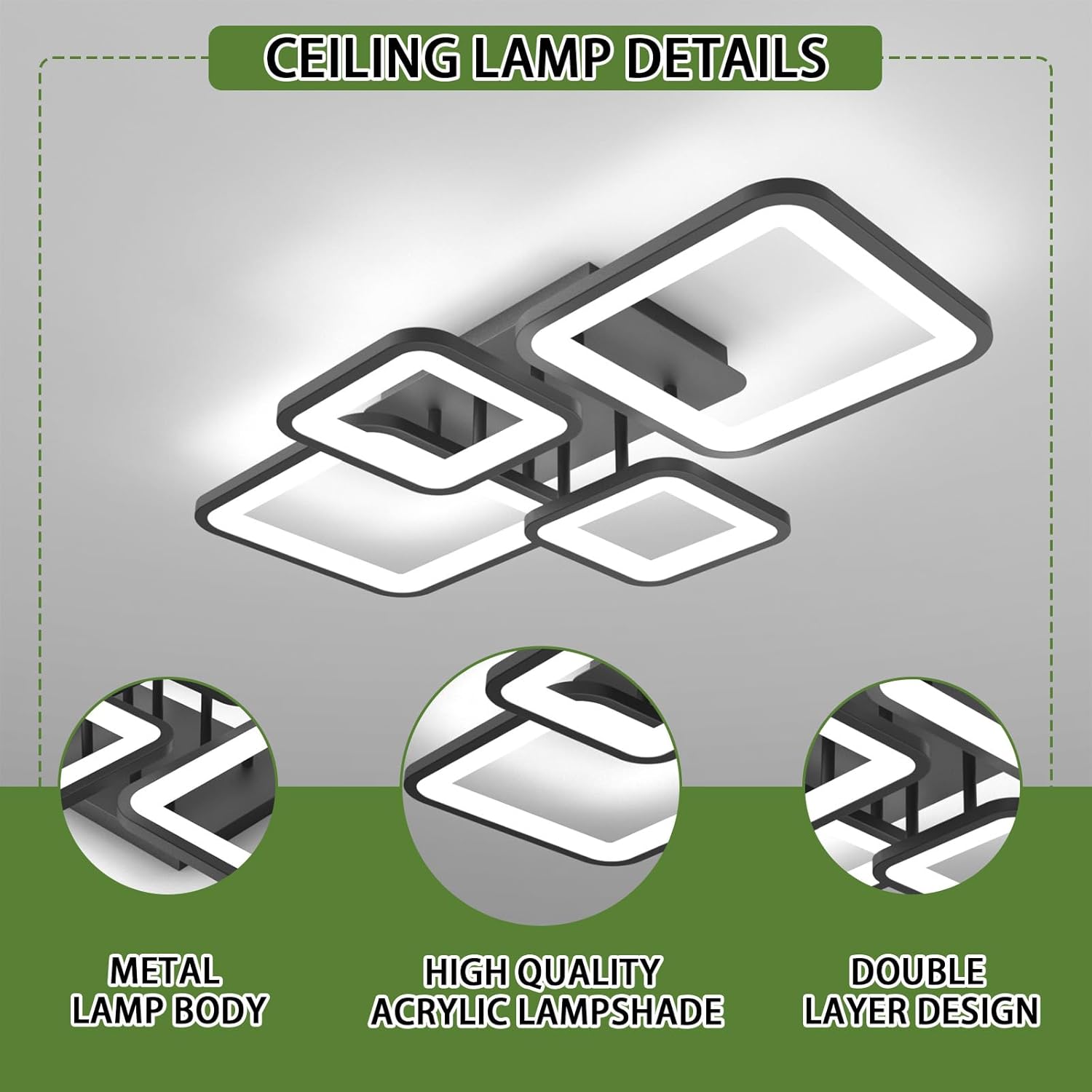 Lustra Led 2 + 2 Square Black Telecomanda Echivalent 500W Lighting Fixtures