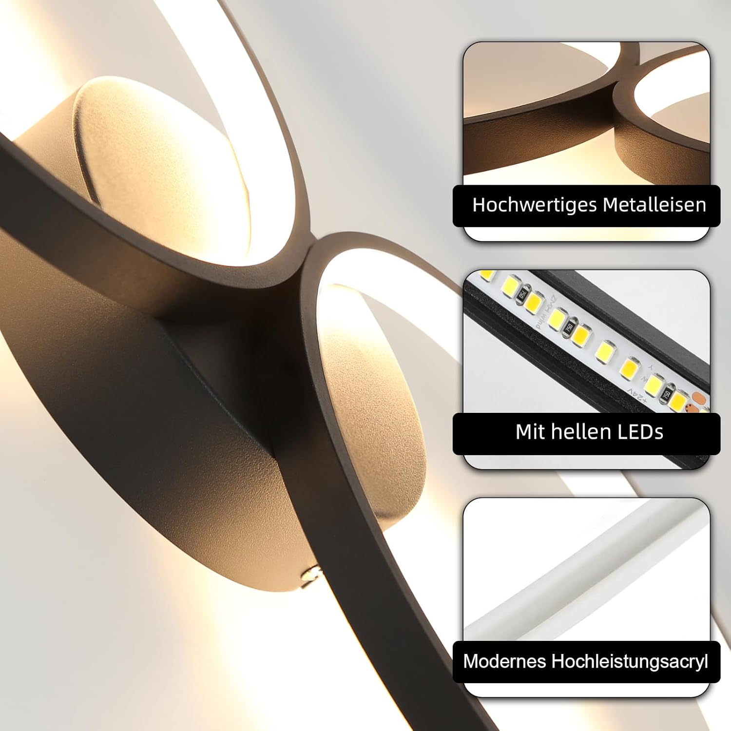 Lustra LED Modern Black 4 Rings Echivalent 600W Telecomanda NEAGRA / 88CM / MINIMALIST DESIGN Lighting Fixtures