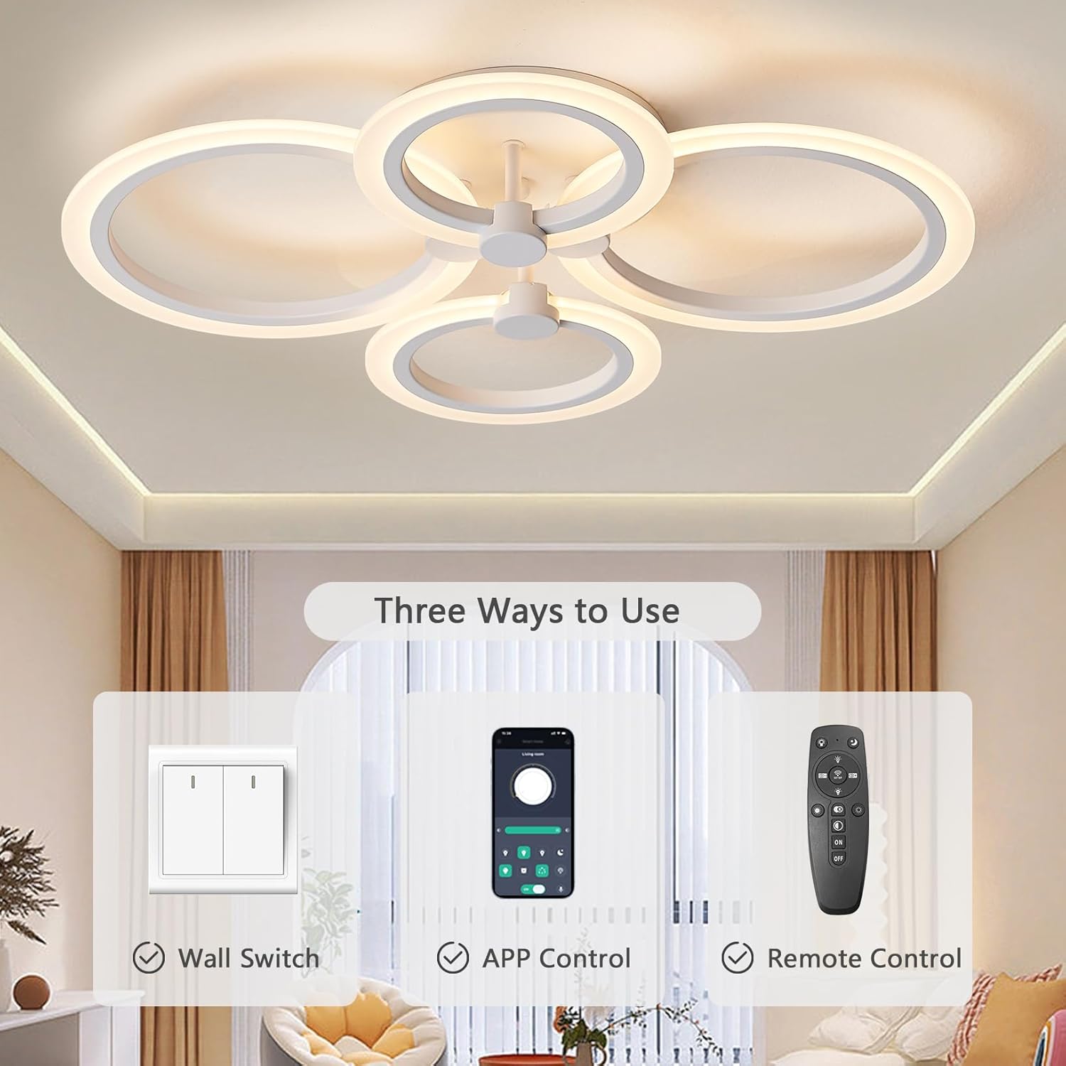 Lustra Led 72W 4 Circle Smart Control Vocal Echivalent 400W Lighting Fixtures