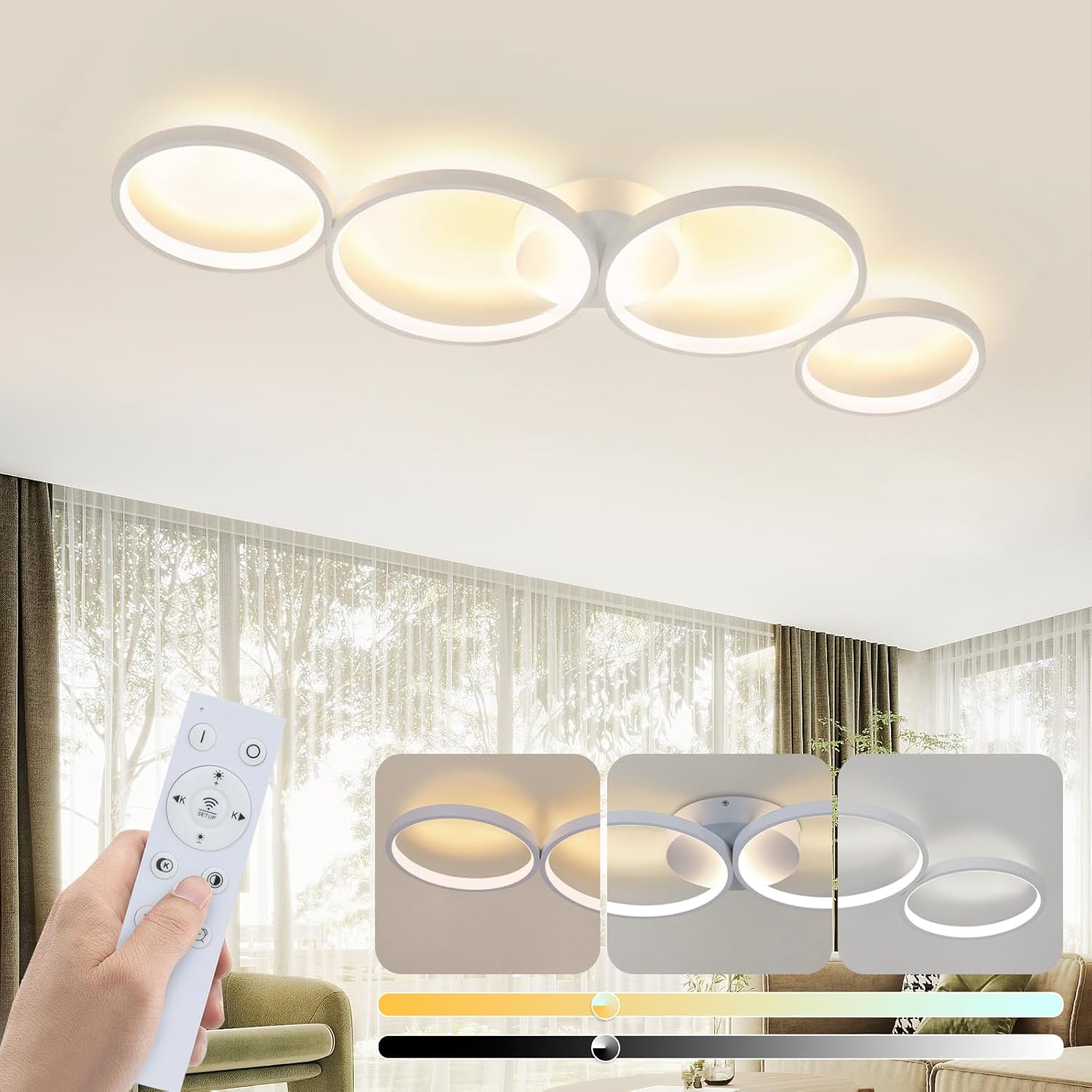 Lustra LED Modern White 4 Rings Echivalent 600W Telecomanda ALBA / 88CM / CIRCLE DESIGN Lighting Fixtures
