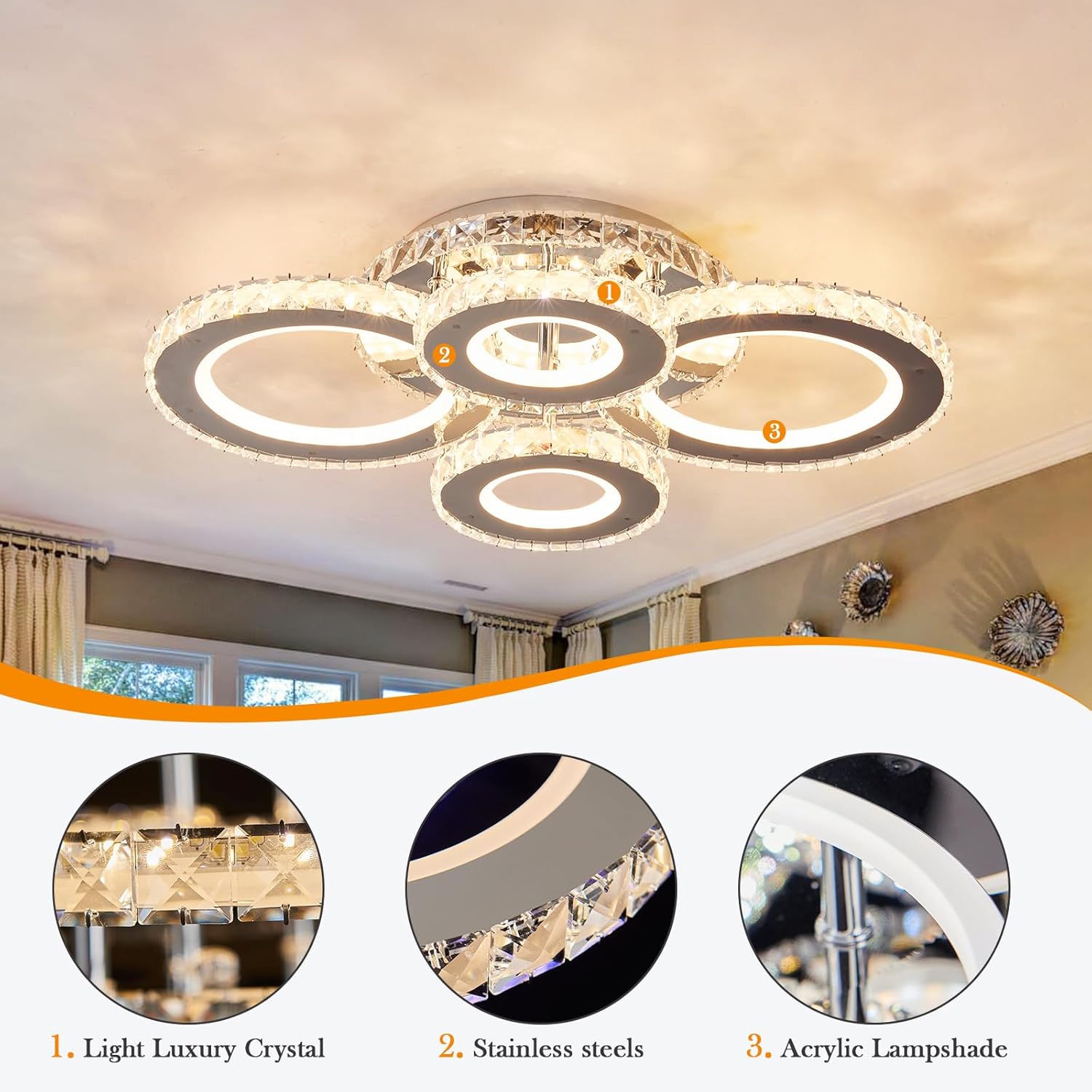 Lustra Led 4 Circle Cristal Chrome Rgb Echivalent 500W Telecomanda Lighting Fixtures