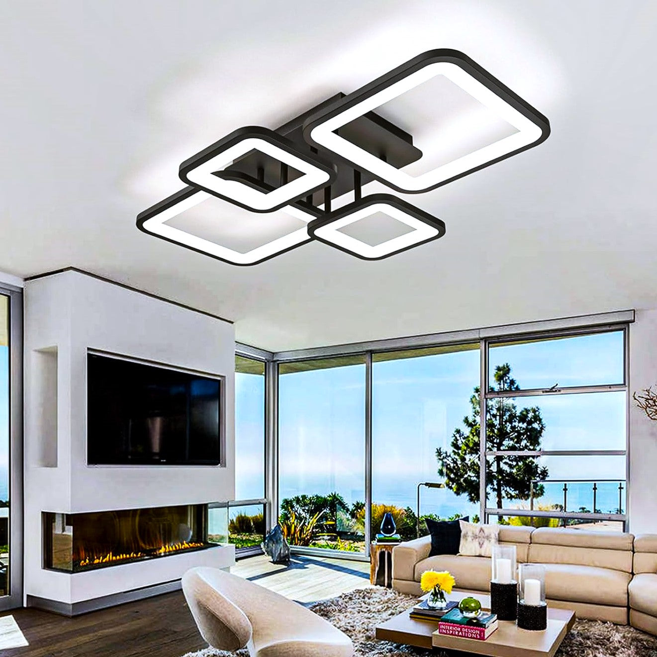 Lustra Led 2 + 2 Square Black Telecomanda Echivalent 500W Lighting Fixtures