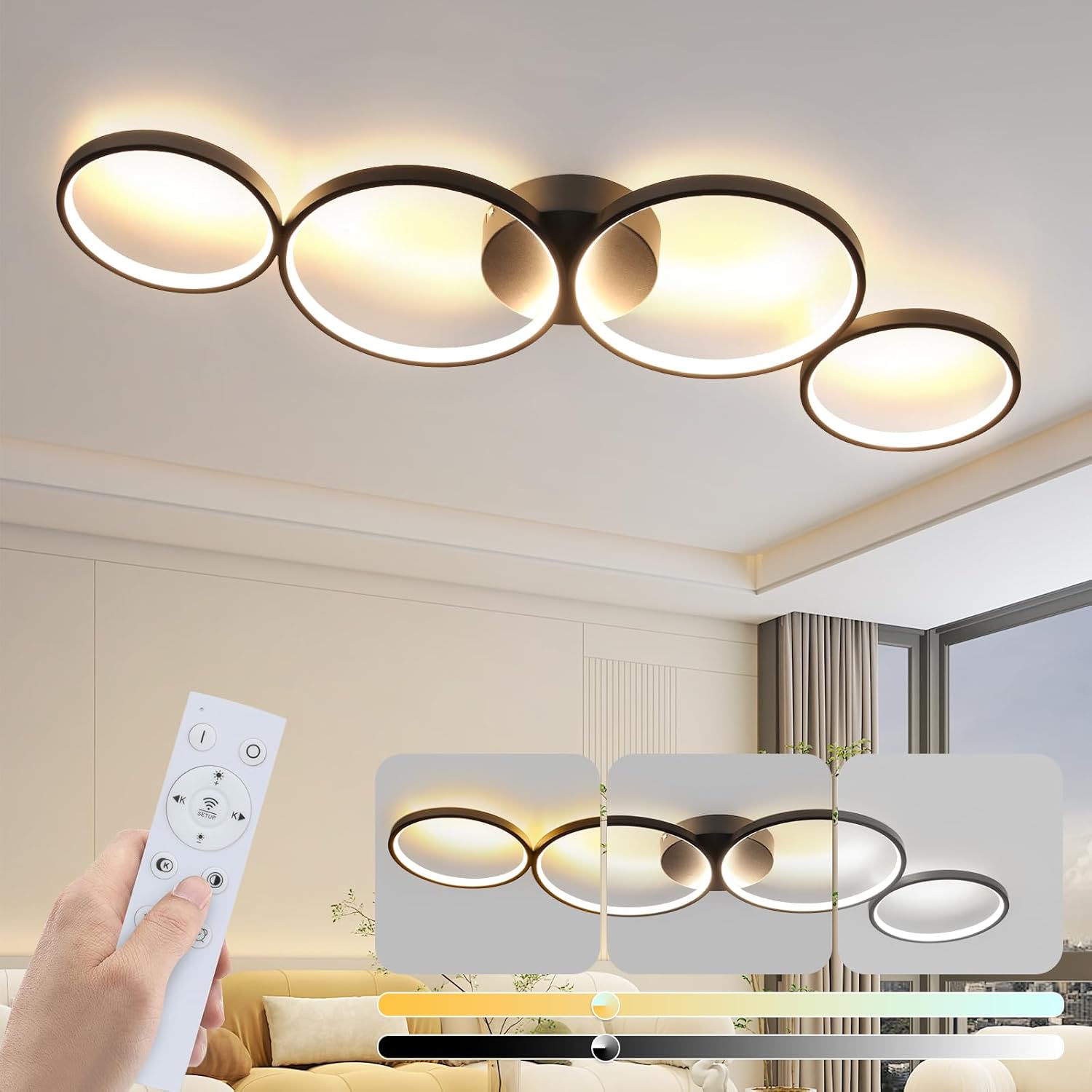 Lustra LED Modern Black 4 Rings Echivalent 600W Telecomanda NEAGRA / 88CM / MINIMALIST DESIGN Lighting Fixtures