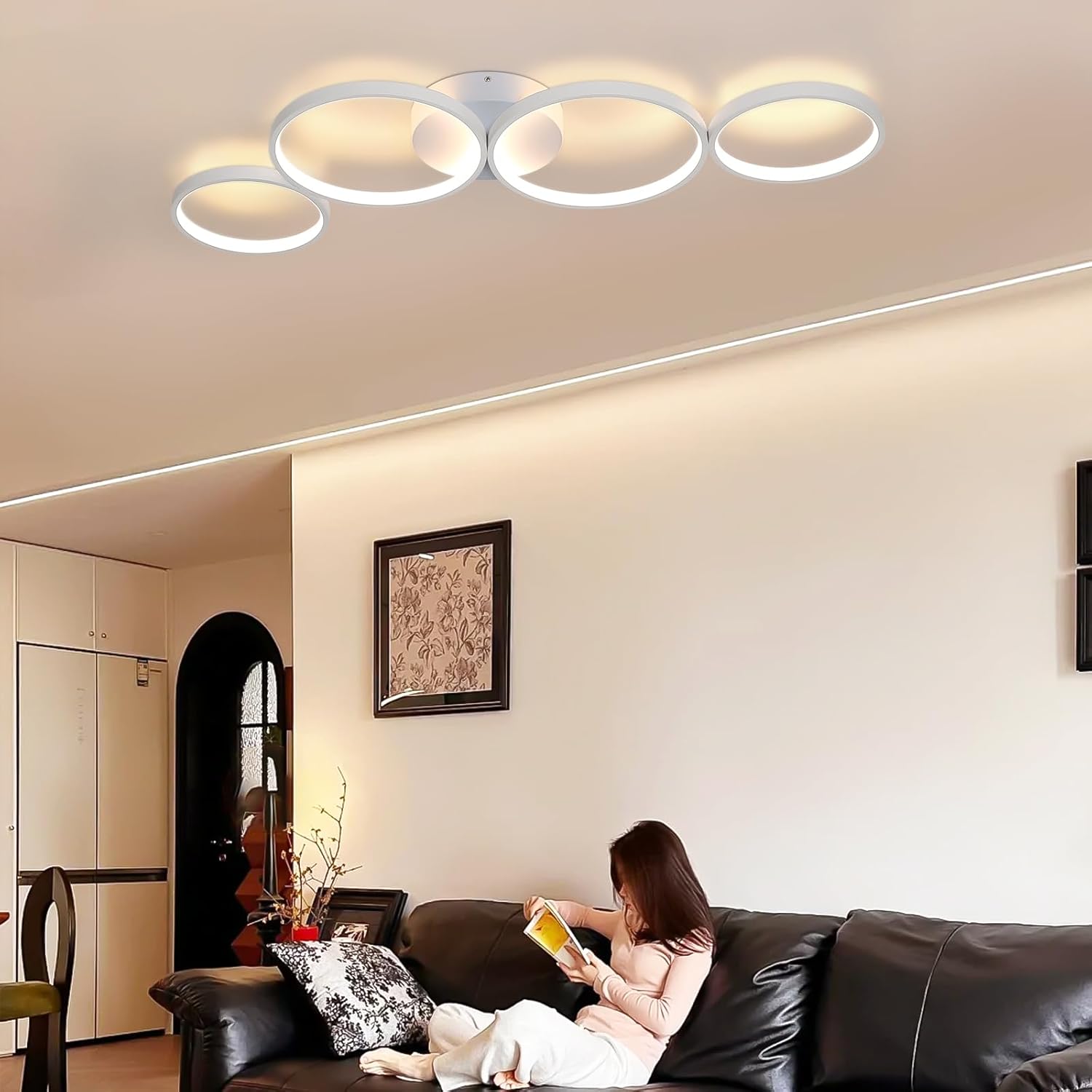 Lustra LED Modern White 4 Rings Echivalent 600W Telecomanda ALBA / 88CM / CIRCLE DESIGN Lighting Fixtures