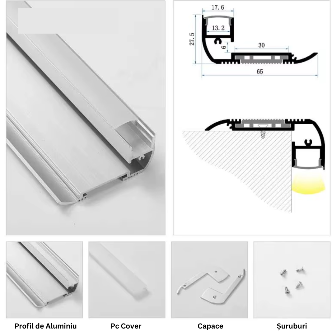 Profil LED Aluminiu Pentru Trepte 2 Metri LED Strips