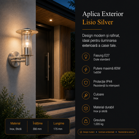 Aplica Exterior Lisio Silver IP44 Eglo 1xE27 Resigilat R2
