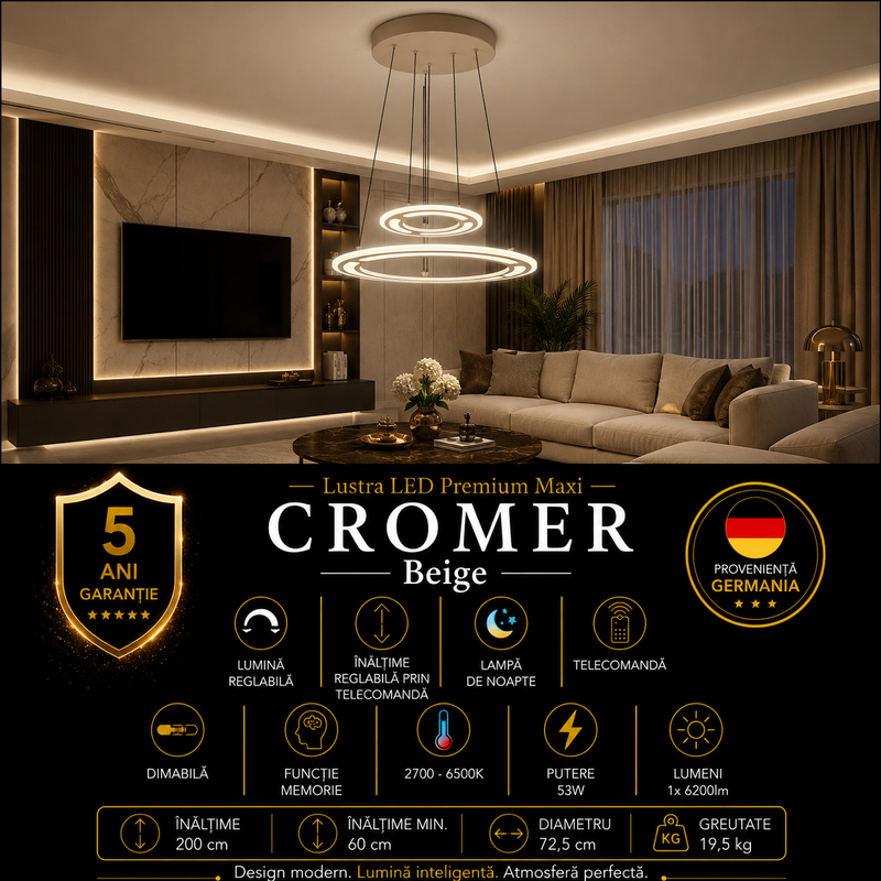 Lustra LED Suspendata Premium Cromer Beige - Inaltime Reglabila prin Telecomanda