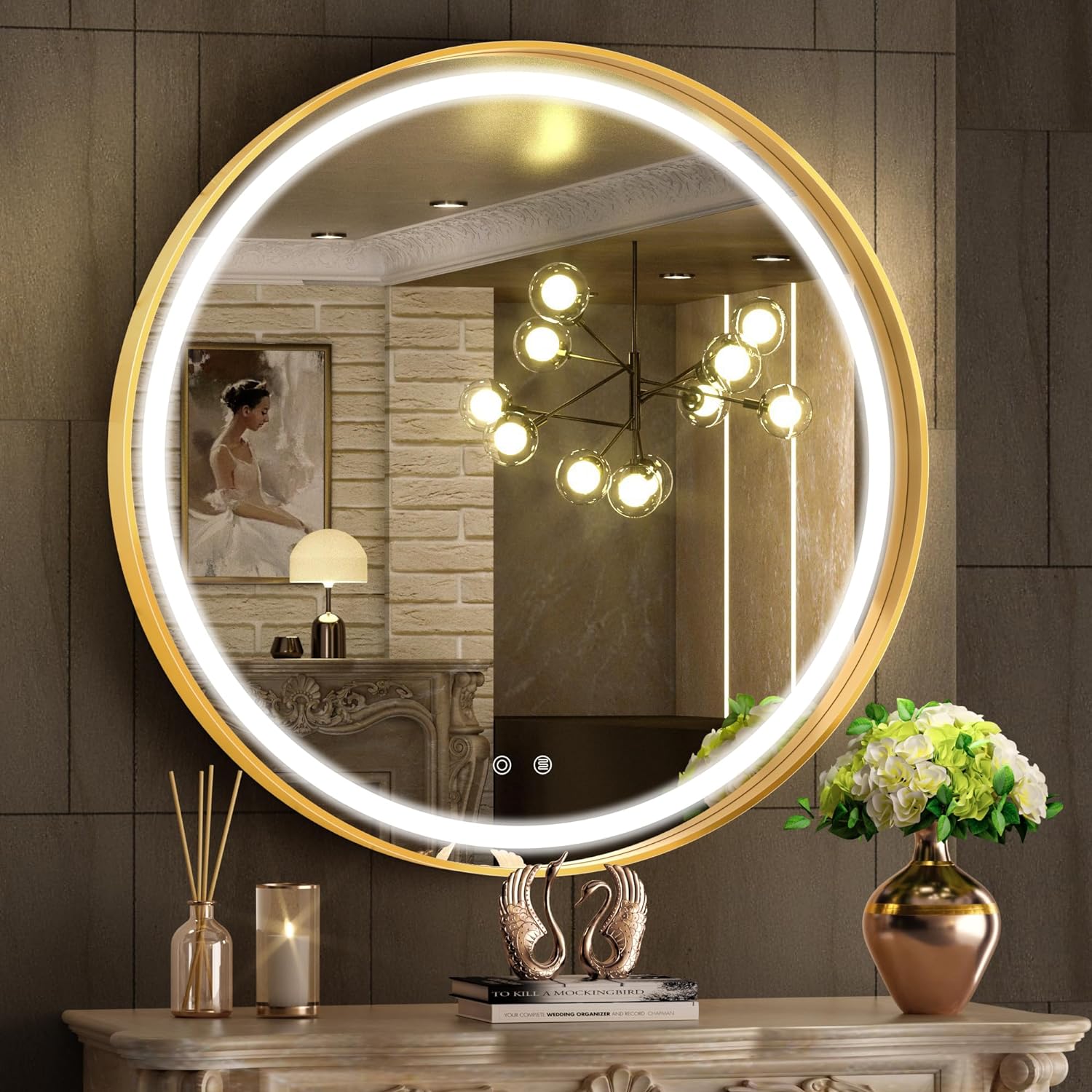 Oglinda Led Rotunda 70Cm Rama Aurie Touch Si 3 Lumini Od016/Gd Mirror