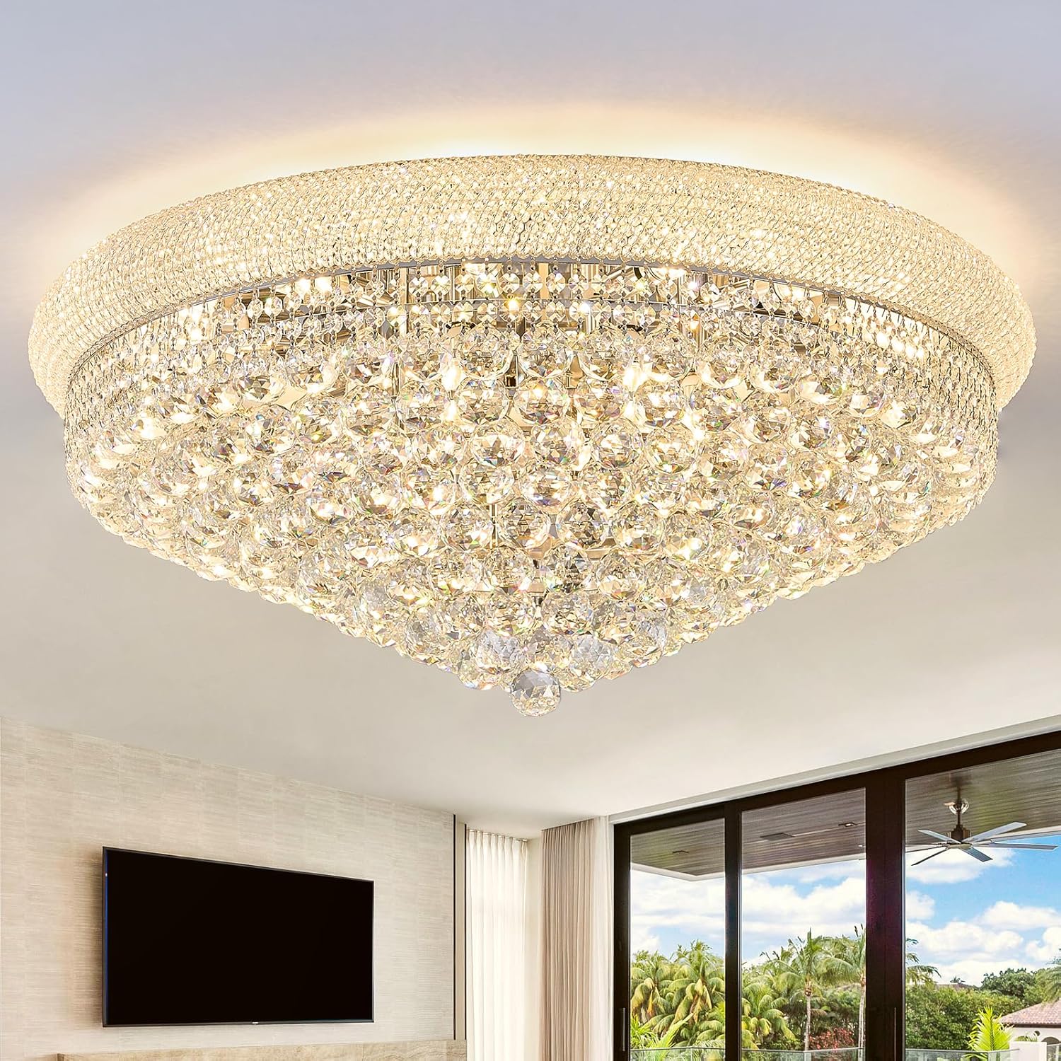 Lustra LED Aplicata Crystal Dome Silver Telecomanda si Lumini RGB Chandeliers