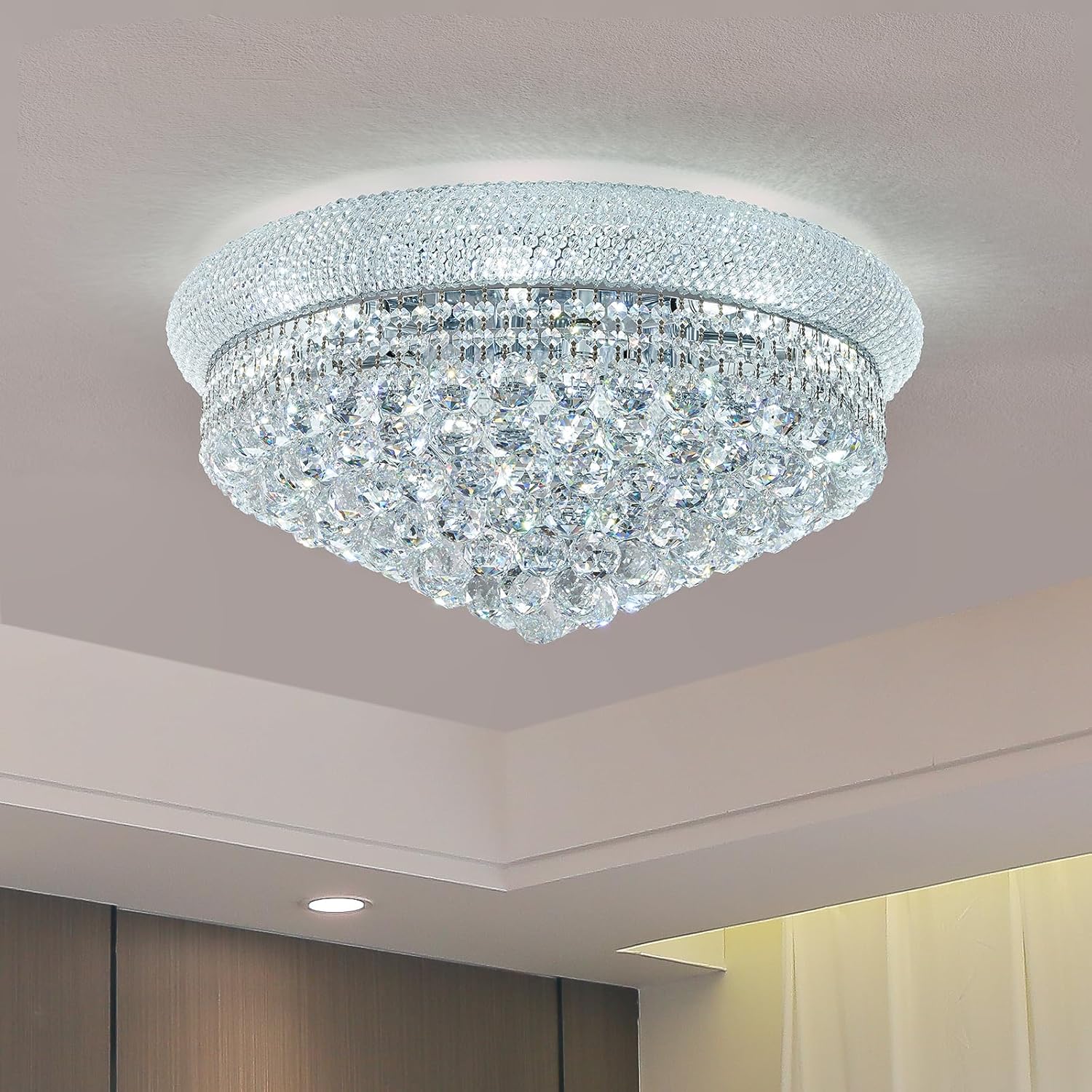 Lustra LED Aplicata Crystal Dome Silver Telecomanda si Lumini RGB Chandeliers