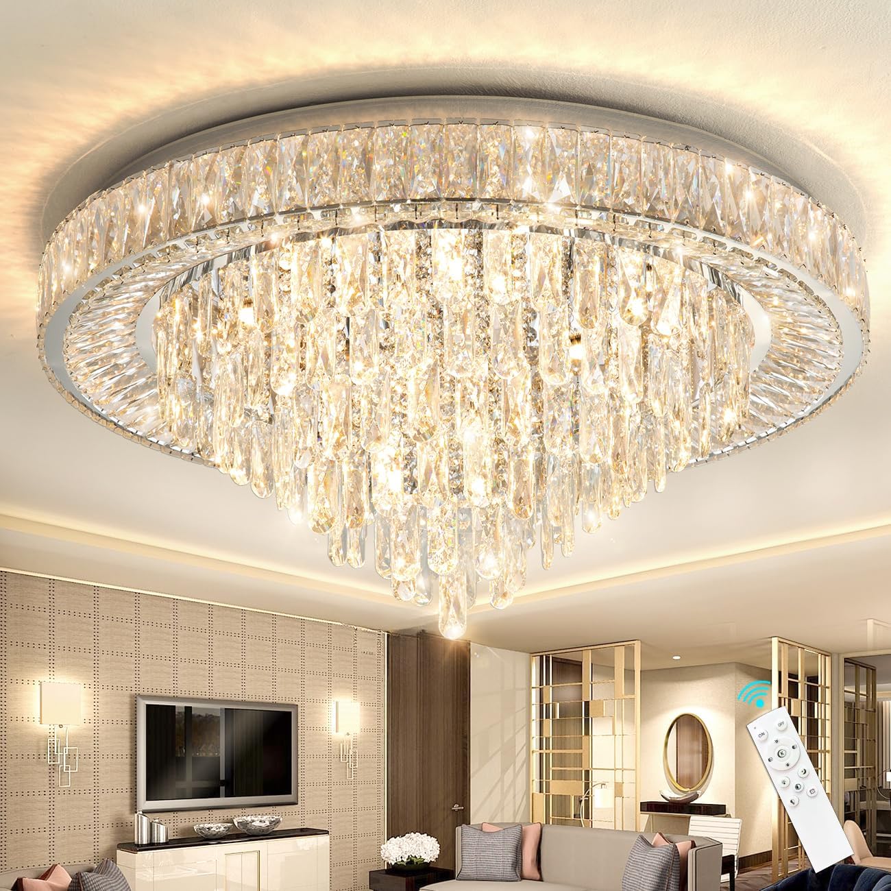Lustra LED Cristal Aplicata Royal Round Telecomanda Echivalent 700W CHROME / 50CM / CRISTAL Chandeliers