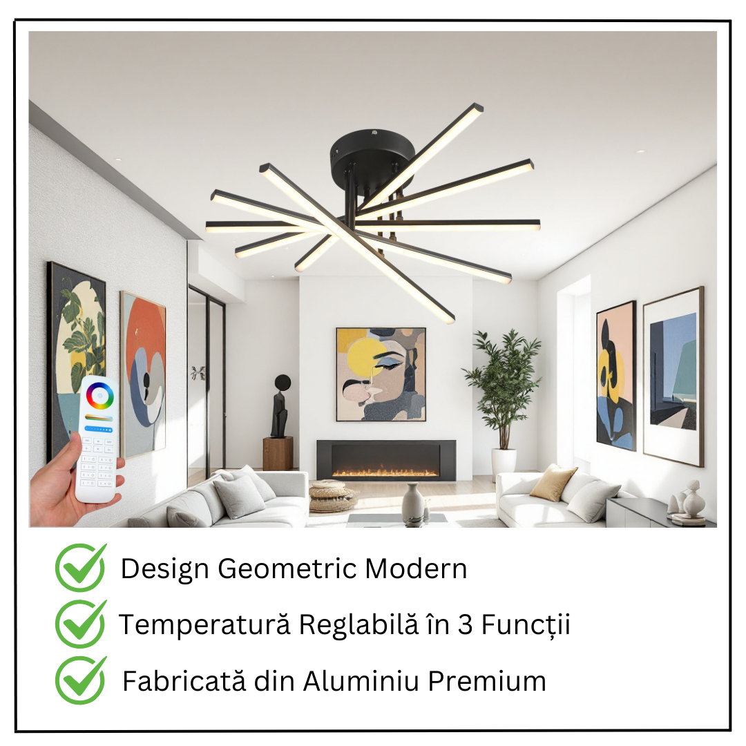 Lustra LED 5 Modern LINES Black Echivalent 400W Telecomanda BK-7020-5C NEAGRA / 58CM / MINIMALIST DESIGN Lighting