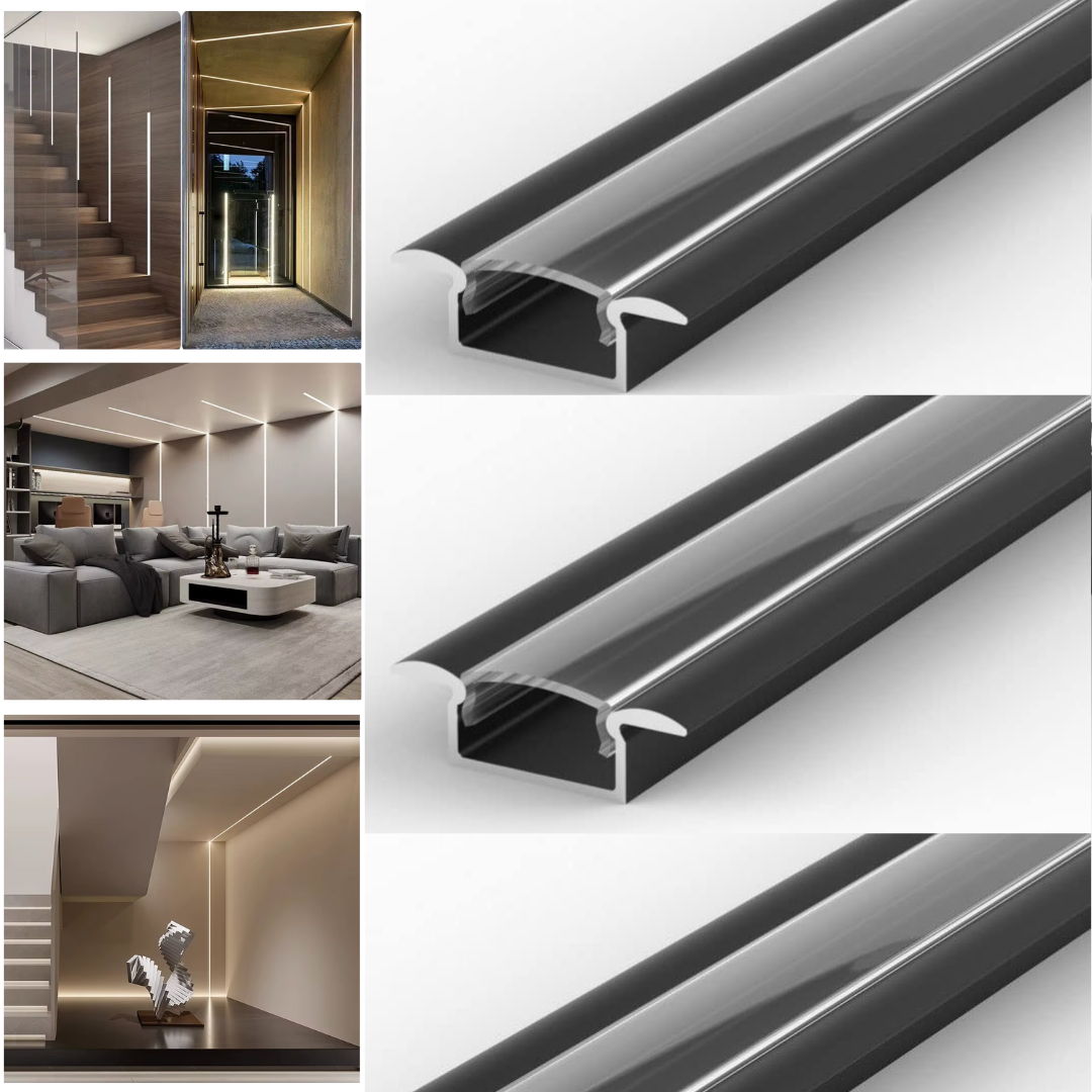 Profil LED 2 METRI Incastrat Negru Plat XL cu Dispersor Negru LED Strips