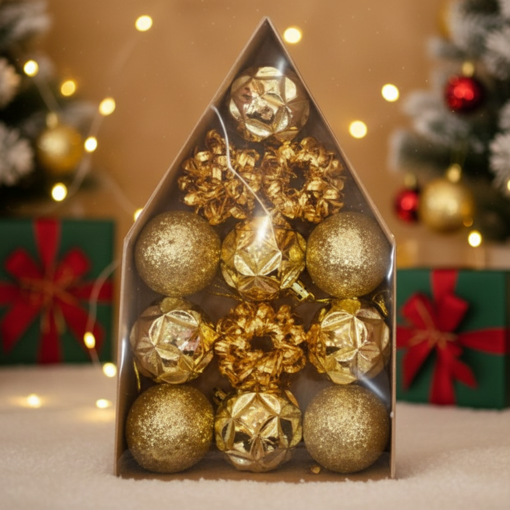 Set 12 Globuri Aurii Diverse Texturi Pentru Impodobit Bradul