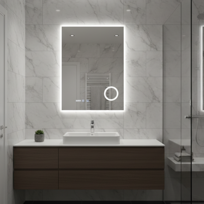 Oglinda LED VIONNA 60x80CM Functie Dezaburire, Ceas, Touch, Lupa, 3 Lumini