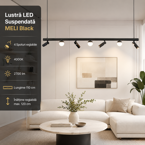 Lustra LED Suspendata Abajur cu 4 Spoturi MELI Black Echivalent 150W Resigilat R3