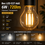 Bec LED E27 A60 6W, 720lm Filament Transparent