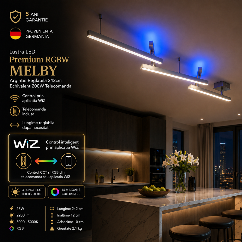 Lustra LED Premium RGBW MELBY Argintie Reglabila 242cm Echivalent 200W Telecomanda
